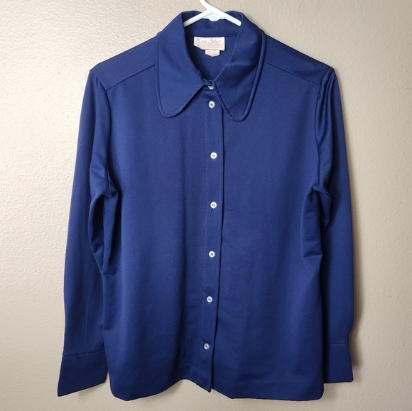 Vintage Lee Mar Pageantry Knit Navy Long Sleeve Buttonfront Shirt-Size 18 - Picture 1 of 8